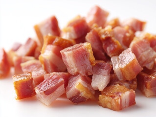 Crispy diced bacon pieces on white background close up view of fatty savory pork cubes ready for cooking or garnish