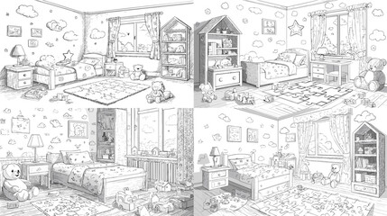 Cute hand-drawn sketch of children&rsquo;s bedroom with toys, bookshelves, and cozy decor. Perfect for family design, home interior, and lifestyle illustration.