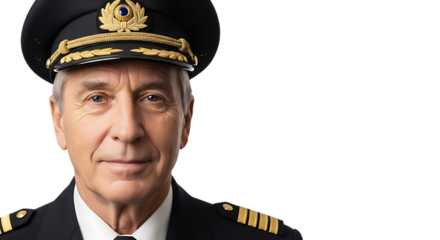 Portrait of a serious captain isolated on transparent background, looking at camera