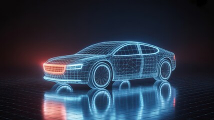 Car futuristic wireframe hologram glowing neon blue and red lights