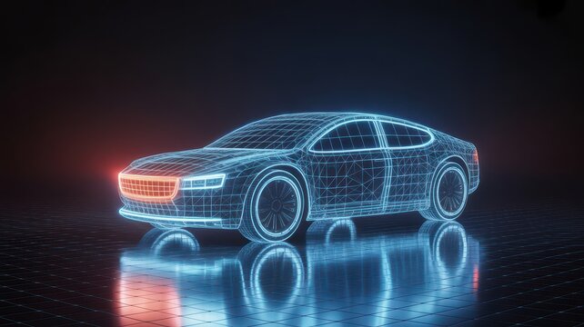 Car futuristic wireframe hologram glowing neon blue and red lights