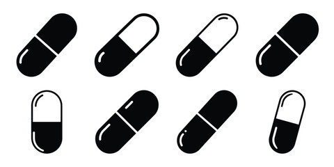 pill capsule minimal silhouette vector icon set