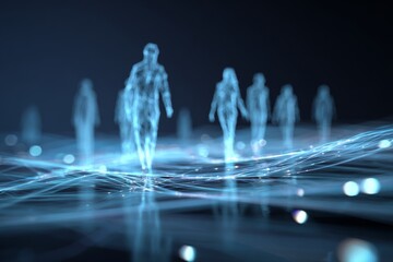 Silhouetted Figures in a Digital Network Abstract Scene with Blue Glow and Lines Representing Connection and Data Flow