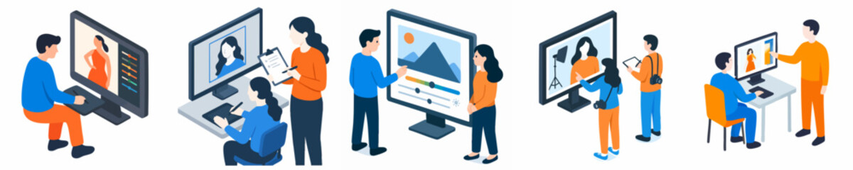 Isometric People Meeting Online Illustration with Modern Gadget and Communication Media