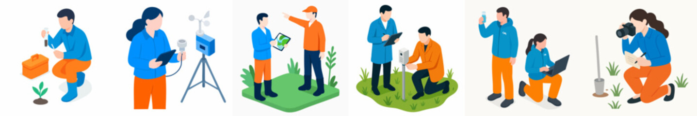 Isometric Professional Agricultural Field Research Scientist Team with Experiment Equipment Illustration