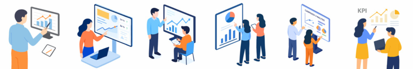 Isometric Style Detailed Business Team Analyzing Data On Screen Illustration