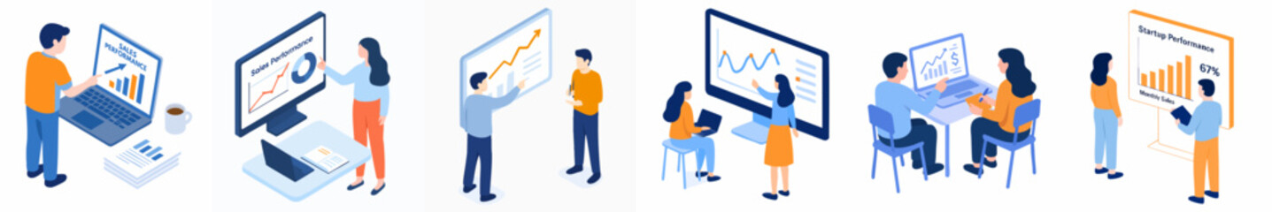 Isometric People Analyzing Financial Data, Teamwork in Business and Office Illustration
