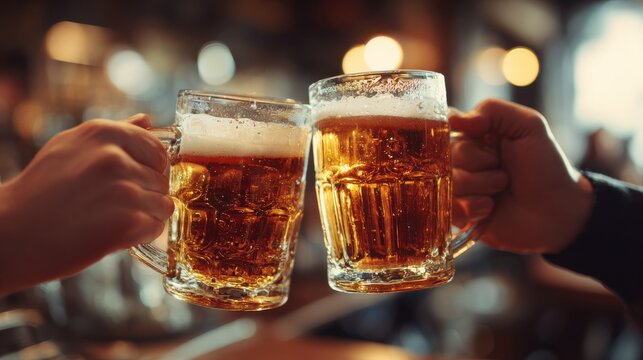 people leisure and drinks concept  close up of male hands clinking beer mugs at bar or pub no logos no brands ar 169