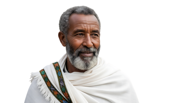 Portrait of a senior ethiopian man with a white shawl isolated on transparent background