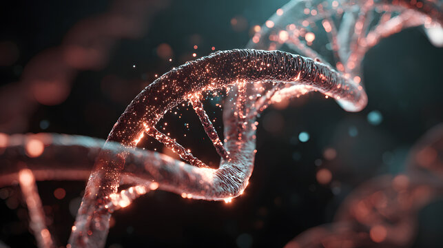 Glowing, luminous DNA helix strands shimmer with tiny lights.