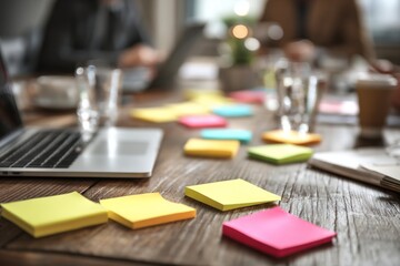 Collaborative Business Meeting with Paper Notes, Laptops, and Creative Ideas on a Wooden Table