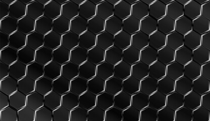 Seamless dark metallic hexagonal honeycomb pattern. 3D vector background features a shiny, steel grid texture with varying shades of gray, suggesting high-tech, industrial, or futuristic design.