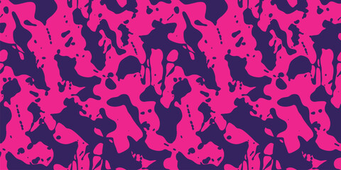 Seamless sporty pattern with acid bright ink blot shapes. Vector texture with organic fluid forms, neon pink and purple design for athletic textile, fashion fabric, swimwear, activewear, print