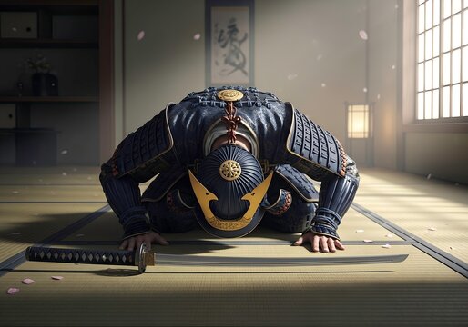Samurai bowing with a katana in traditional Japanese room  