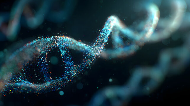 Glowing molecular helix structure composed of shimmering particles.