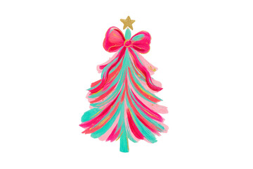 Christmas Brushstroke watercolor Whimsical Christmas tree illustration with a pink bow and gold star Sublimation Design