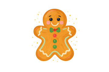 Christmas Brushstroke watercolor illustration of Classic Cute Gingerbread Man Cookie Christmas Illustration with Gold Sprinkles for Sublimation Design