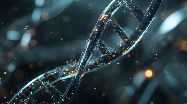 Close-up of a glowing DNA helix with sparkling particles on dark background.
