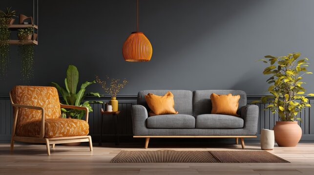 orange lamp above sofa in vintage living room interior with plants next to grey armchair no logos no brands ar 169