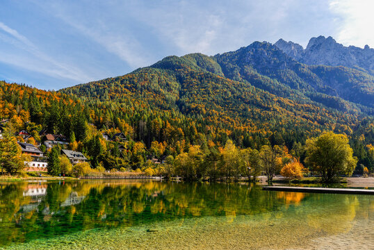 Scenic autumn landscape of Jasna mountain lake in north Slovenia, Julian Alps, Europe	