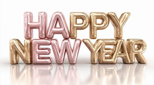 Happy new year sign made of balloons. The balloons are pink and gold. The sign is made of balloons - Powered by Adobe