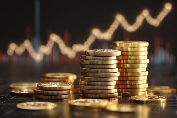 Stacked Coins with Business Graphs and Financial Indicators Representing Economic Growth and Investment Opportunities in a Digital Context