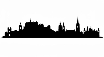 Fototapeta premium Silhouette of a cityscape featuring various buildings and towers against a white background showing skyline created with generative ai