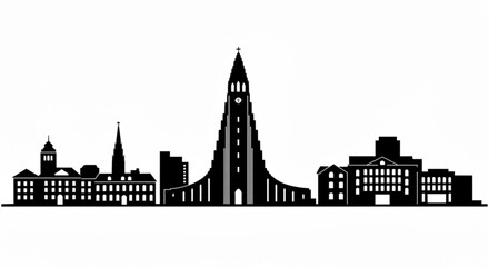 Naklejka premium Silhouette of a city skyline with various buildings and a prominent church in a black and white design created with generative ai