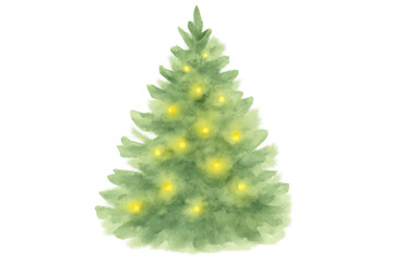 Obraz premium Christmas holiday tree decorated with glowing lights, green artistic watercolor illustration on transparent background
