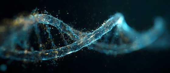 Abstract glowing double helix structure with particles on dark background.