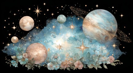 Painting of the planets in the solar system with a blue sky and flowers. The painting is full of stars and planets