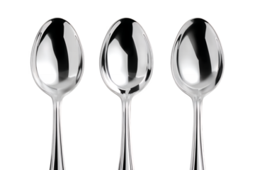Three elegant polished silver spoons lined up in a row showcasing reflective surfaces and intricate handle details against a neutral background isolated on transparent background