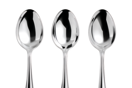 Three elegant polished silver spoons lined up in a row showcasing reflective surfaces and intricate handle details against a neutral background isolated on transparent background