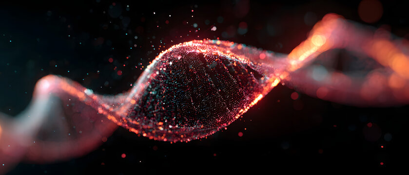 Glowing red DNA helix with particles in abstract dark background.