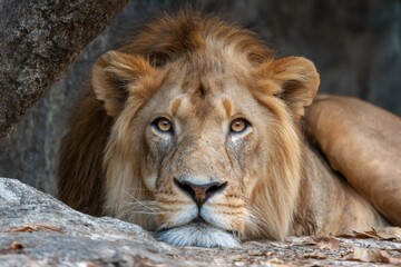 Obraz premium Male lion resting, looking directly at camera