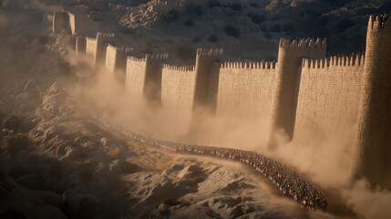 Bird’s-eye view of the walls of Jericho collapsing after seven circuits by the Israelite army led by Joshua.