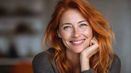 portrait of smiling mature woman looking at camera with big grin successful middle aged woman at home smiling beautiful mid adult lady with long red hair enjoying whitening teeth treatment no logos n