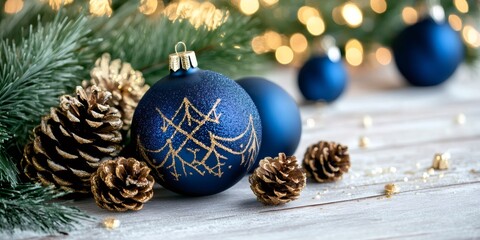 Christmas decorations featuring blue ornaments and gold pinecones