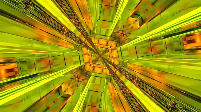 Dynamic tunnel video vj loop screensaver creates an engaging visual experience in vibrant yellow and green hues