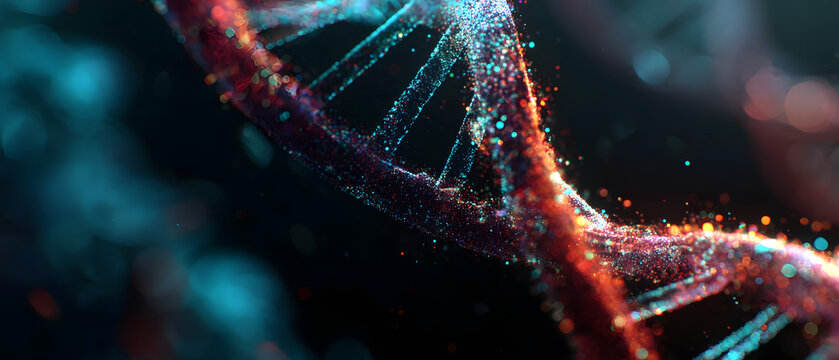 A glowing digital helix structure sparkles with vibrant particles.