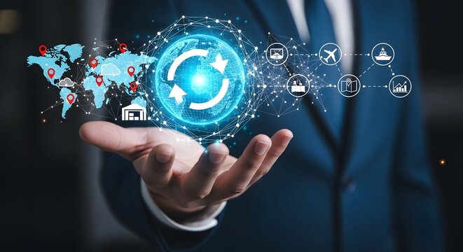 Global business network and logistics technology connecting the world with digital transformation and supply chain management
