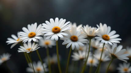 Close-up of White Daisy Flowers with Bright Yellow Centers Against a Dark, Moody Bokeh Background for Nature Photography, Spring Gardening Blogs, and Rustic Wedding Invitations
