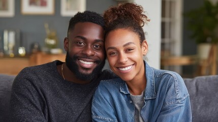 portrait of multiethnic couple embracing and looking at camera sitting on sofa smiling african american woman hugging mid adult man sitting on couch from behind at home happy mixed race couple laugh 