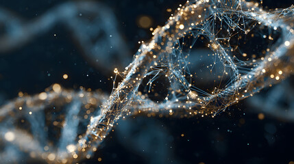 Abstract glowing double helix structure with interconnected nodes.