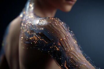 Futuristic Smart Wearable Technology with Circuit Patterns on Human Skin, Showcasing Advanced Electronic Innovations and Health Monitoring Features