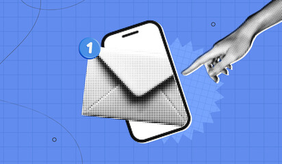 Trendy Halftone Collage Phone with Envelope and New notification. Electronic mail with one massage. Online communication. Social media marketing. Contemporary vector illustration art