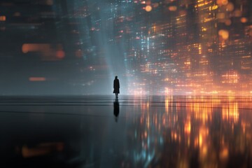 A solitary figure stands in a futuristic, digital landscape filled with glowing data projections and abstract visual elements representing technology and innovation