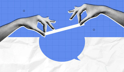 Trendy Halftone Collage Building business communications concept. Hands places last bridge block to overcome challenge. Relationship solution. Leadership support. Contemporary vector illustration art