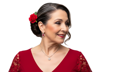Elegant mature woman with a red rose in her hair isolated on transparent background