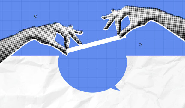 Trendy Halftone Collage Building business communications concept. Hands places last bridge block to overcome challenge. Relationship solution. Leadership support. Contemporary vector illustration art